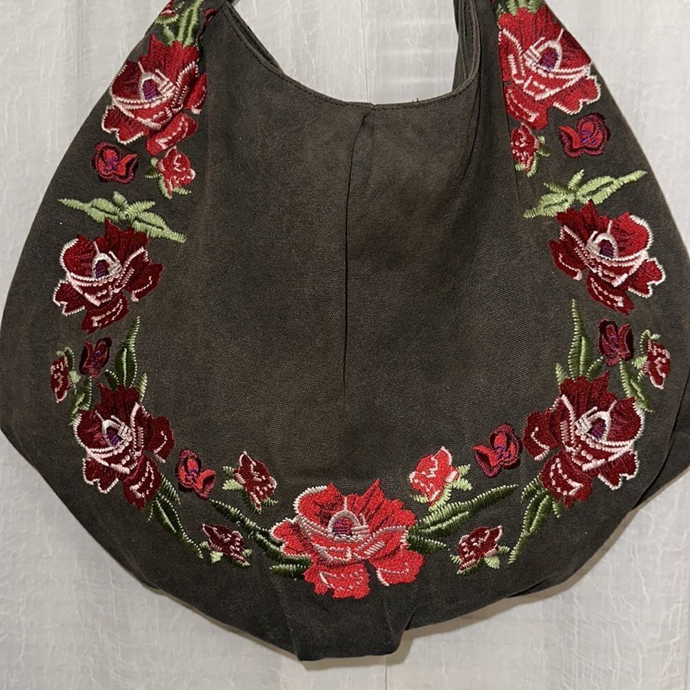 ASOS Forever New Camo Green Canvas Red Burgundy Pink Floral Embroidered Hobo Bag - Picture 4 of 12